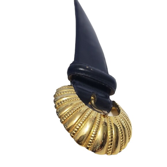 Liz Claiborne Navy Blue Leather Belt Womens Size Medium Brass Buckle Style 24063 - Picture 2 of 12